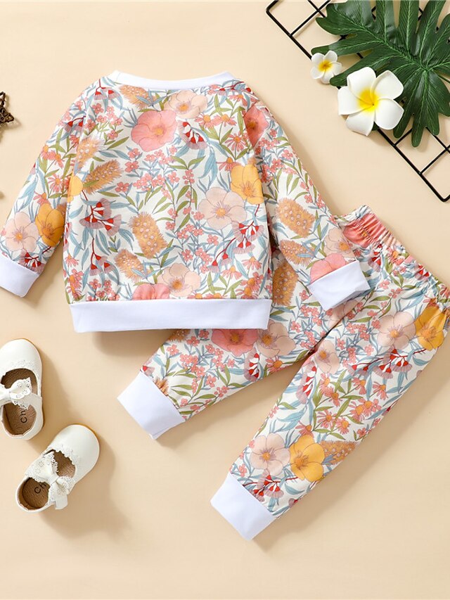 Baby & Kids Girls Clothing | Kids Girls T-shirt & Pants Clothing Set 2 Pieces Long Sleeve Green Light Green Orange Floral Print 