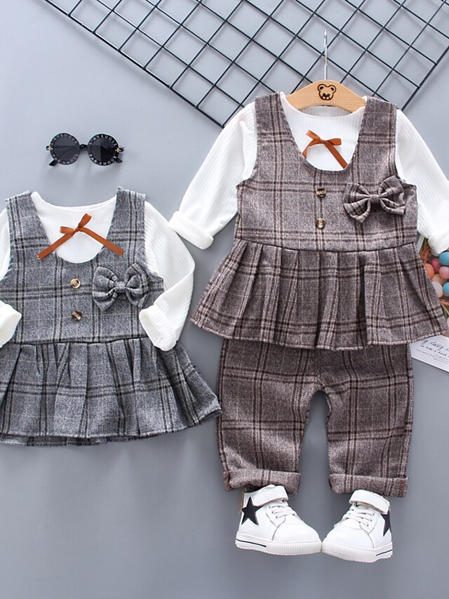 Baby & Kids Girls Clothing | Kids Girls Clothing Set 3 Pieces Long Sleeve Gray Brown Plaid Bow Street School Vacation Active Cas