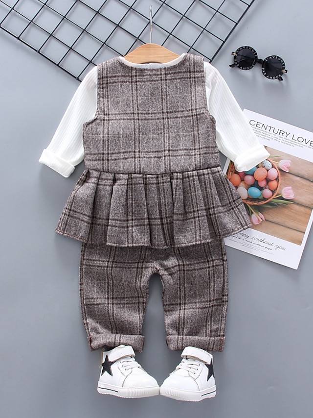 Baby & Kids Girls Clothing | Kids Girls Clothing Set 3 Pieces Long Sleeve Gray Brown Plaid Bow Street School Vacation Active Cas