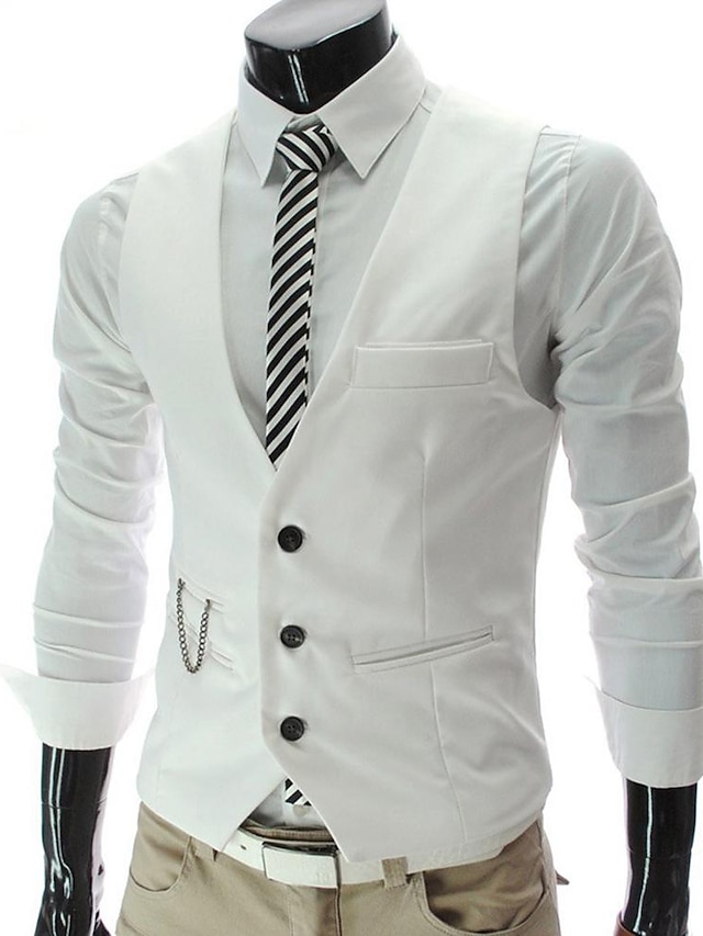  Men's Suit Vest Waistcoat Formal Wedding Work Business / Ceremony / Wedding Fashion 1920s All Seasons Polyester Solid Colored V Neck Slim Wine Black White Navy Blue Vest