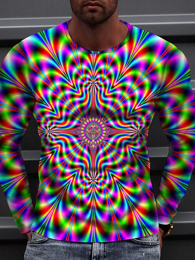 Men's T shirt Tee Optical Illusion Crew Neck Red Blue Green Rainbow 3D ...