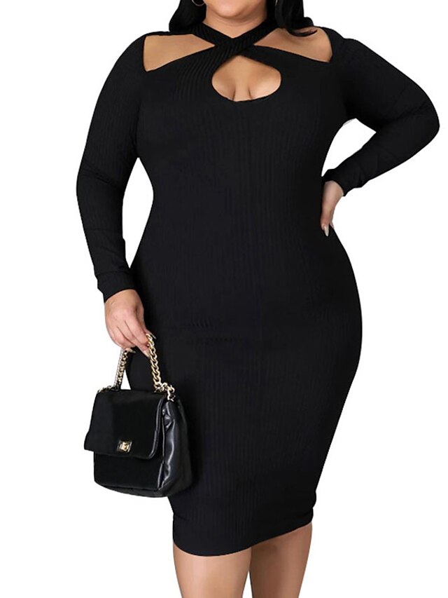 Womens Clothing Plus Size Collection | Womens Plus Size A Line Dress Solid Color V Neck Long Sleeve Fall Winter Casual Knee Leng