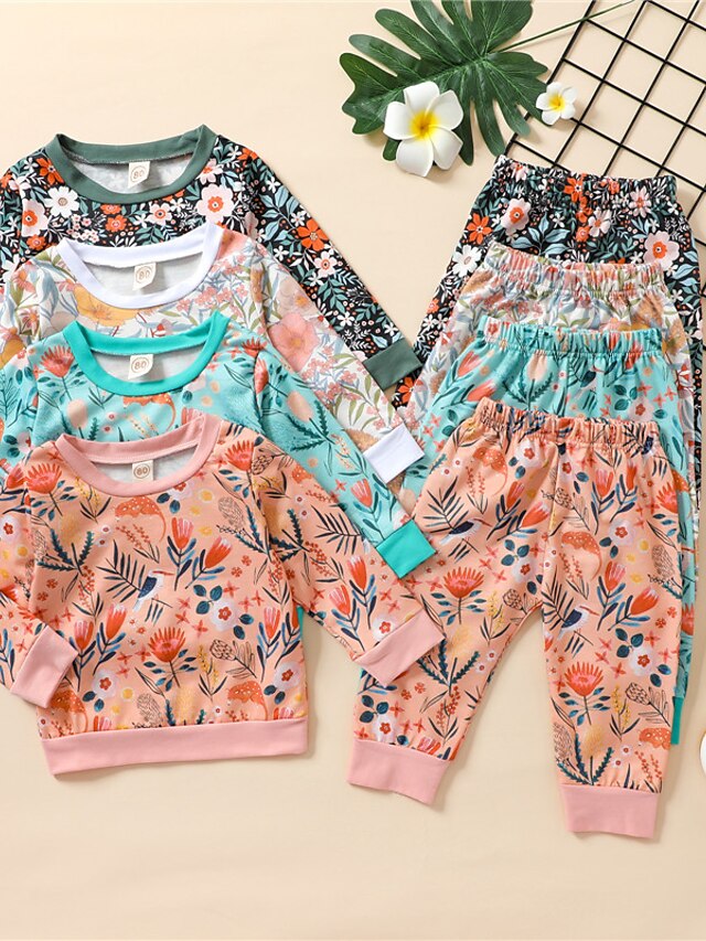 Baby & Kids Girls Clothing | Kids Girls T-shirt & Pants Clothing Set 2 Pieces Long Sleeve Green Light Green Orange Floral Print 