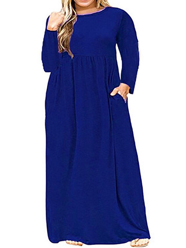 Womens Clothing Plus Size Collection | Womens Plus Size A Line Dress Solid Color Round Neck Ruched Long Sleeve Fall Casual Maxi 