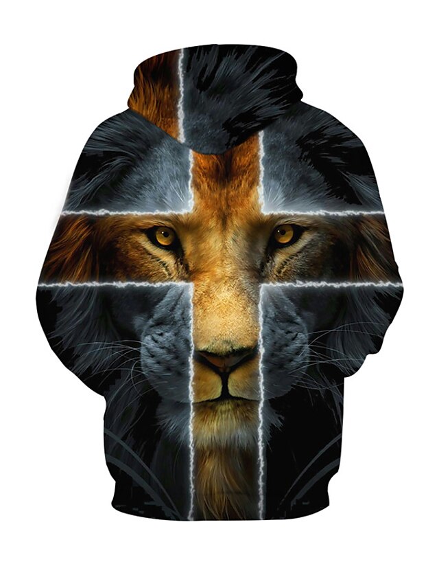 Mens Clothing Mens Hoodies & Sweatshirts | Mens Unisex Pullover Hoodie Sweatshirt Graphic Prints Lion Cross Lace up Print Hooded