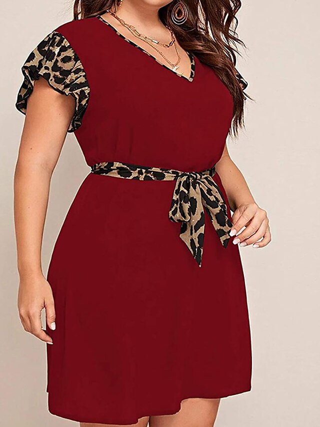 Womens Clothing Plus Size Collection | Womens Plus Size A Line Dress Leopard V Neck Print Short Sleeve Fall Summer Casual Prom D