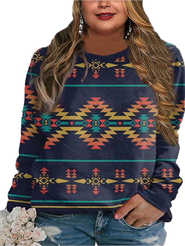 Womens Clothing Plus Size Collection | Womens Plus Size Tops Pullover Sweatshirt Tribal Geometry Print Long Sleeve Crewneck Hood