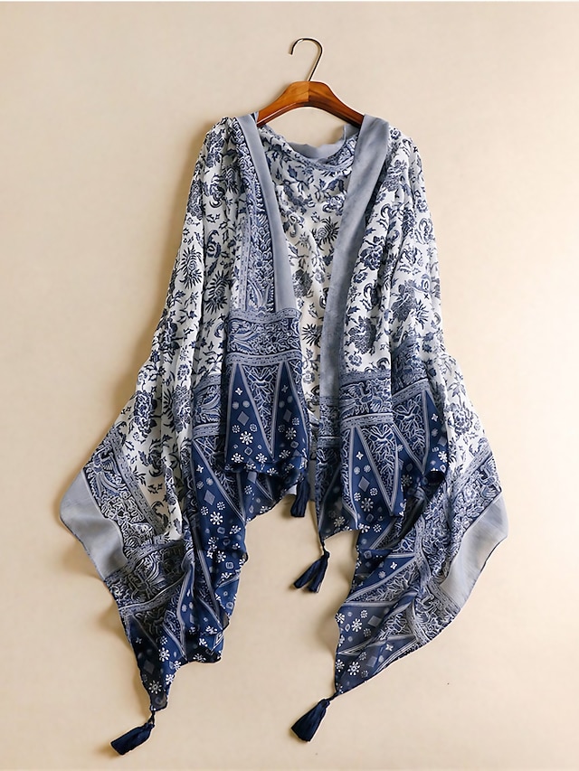  Women's Shawls & Wraps Party Blue Scarf Floral Fall Winter Cotton