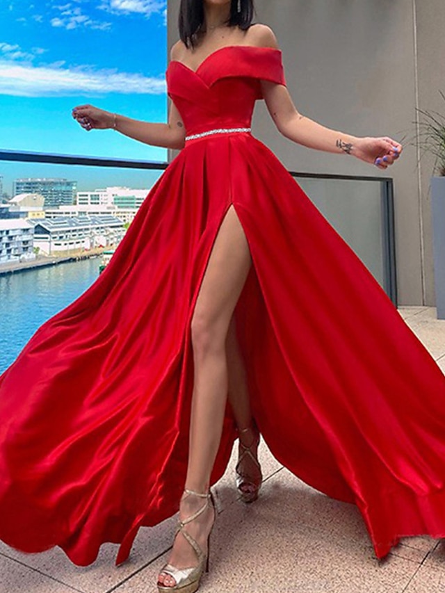 Womens Clothing Womens Dresses | Womens Swing Dress Maxi long Dress Red Short Sleeve Solid Color Split Fall Spring cold shoulder