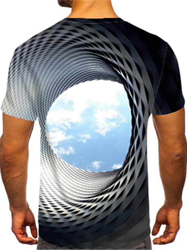 Men's T shirt Tee Optical Illusion Clouds Round Neck Black Yellow Blue ...