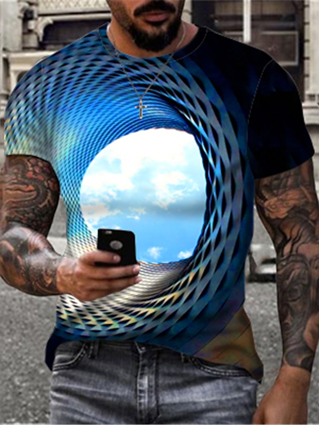 Men's T shirt Tee Optical Illusion Clouds Round Neck Black Yellow Blue ...