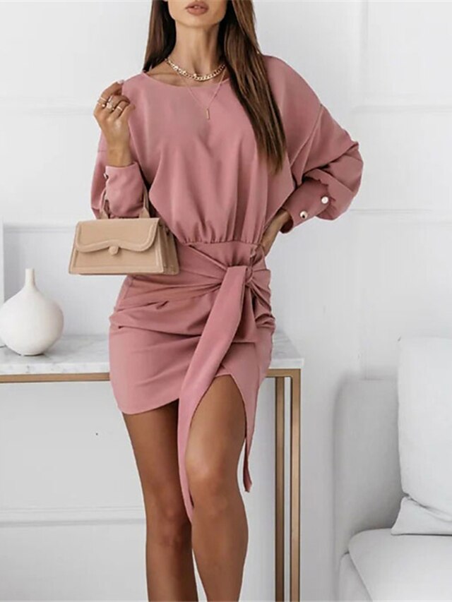 Womens Clothing Womens Dresses | Womens Sheath Dress Short Mini Dress Black Pink Army Green Red Long Sleeve Solid Color Ruched P