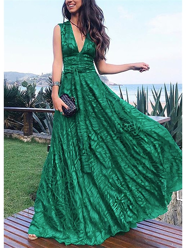 Womens Clothing Womens Dresses | Womens Swing Dress Maxi long Dress Green Sleeveless Print Print Spring Summer V Neck Elegant Fo