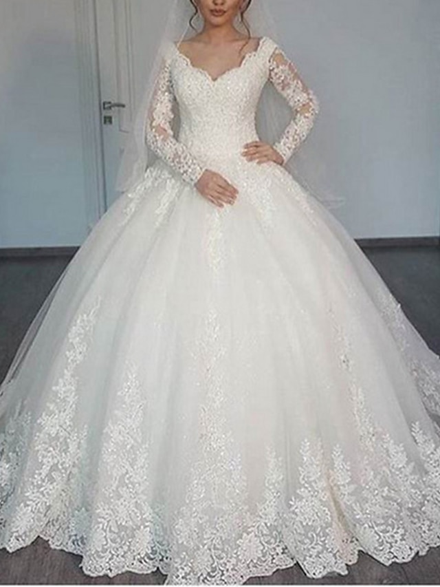  Eljegyzés Előírásos Esküvői ruhák Báli ruha V-alakú Hosszú ujj Udvariuszály Csipke Menyasszonyi ruhák Val vel Rátétek 2024
