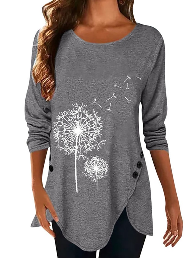 Womens Clothing Plus Size Collection | Womens Plus Size Tops T shirt Floral Asymmetric Button Long Sleeve Crewneck Streetwear Da