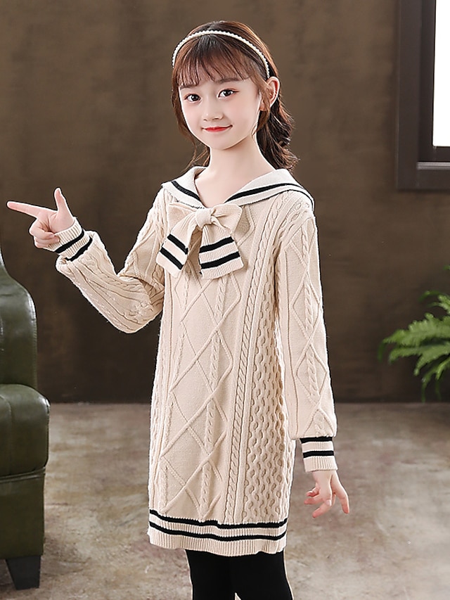 Kids Little Girls Dress Solid Colored Sweater Jumper Dress Daily Bow Red Beige Knee Length Long Sleeve Beautiful Cute Dresses New Year Winter Slim 4 13 Years 872 22 41 03