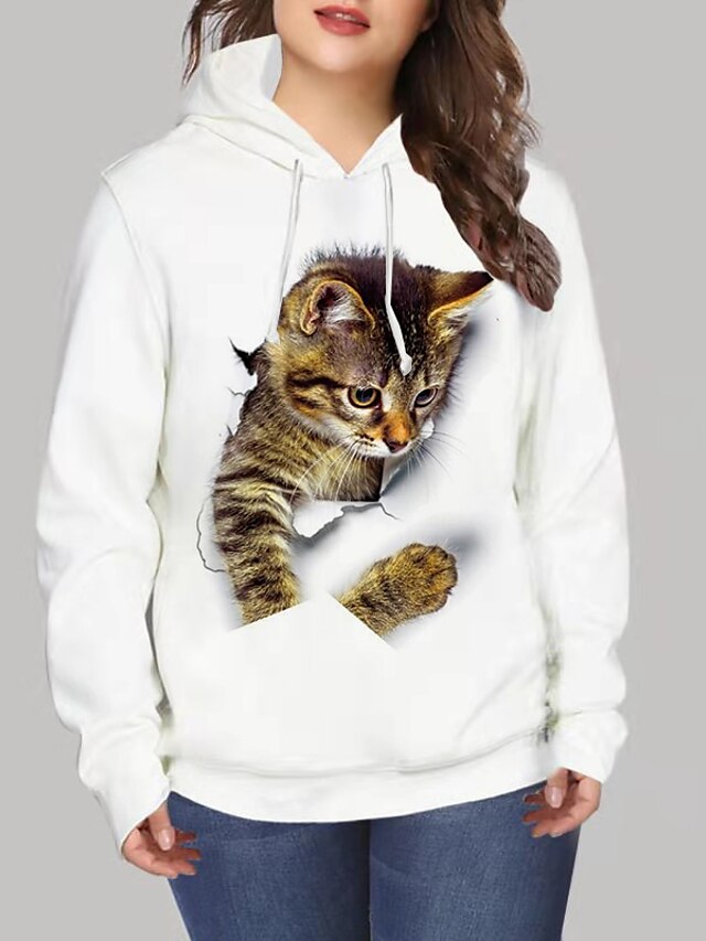 Womens Clothing Plus Size Collection | Womens Plus Size Tops Hoodie Sweatshirt Cat Graphic Print Long Sleeve V Neck Streetwear D