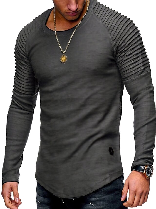 Men's T shirt Tee Long Sleeve Shirt Graphic Plain Slim Pleated Round ...