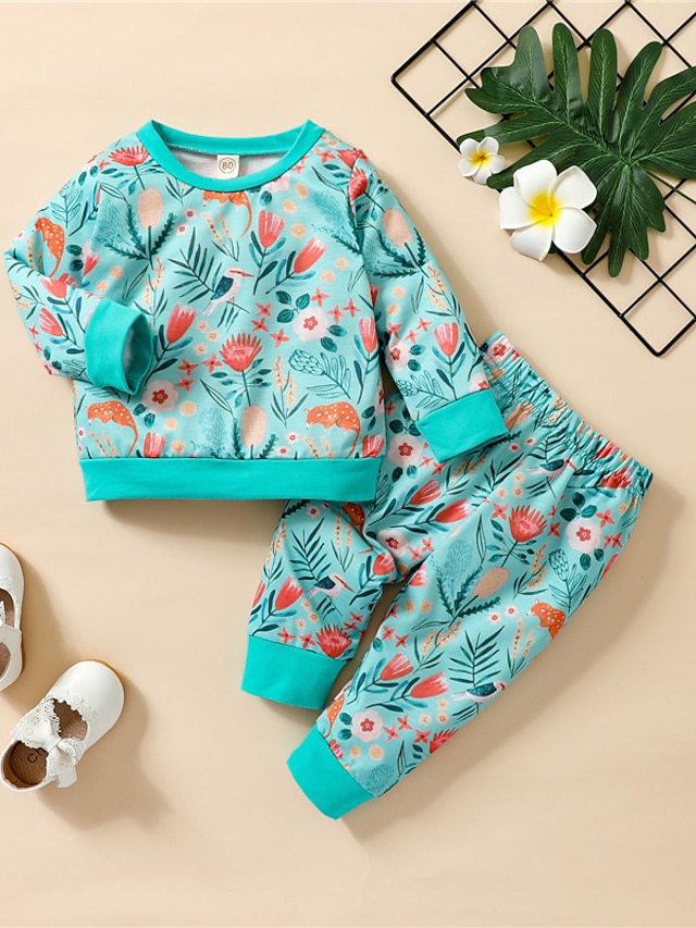 Baby & Kids Girls Clothing | Kids Girls T-shirt & Pants Clothing Set 2 Pieces Long Sleeve Green Light Green Orange Floral Print 