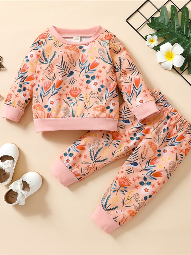 Baby & Kids Girls Clothing | Kids Girls T-shirt & Pants Clothing Set 2 Pieces Long Sleeve Green Light Green Orange Floral Print 