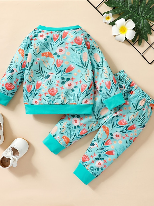 Baby & Kids Girls Clothing | Kids Girls T-shirt & Pants Clothing Set 2 Pieces Long Sleeve Green Light Green Orange Floral Print 