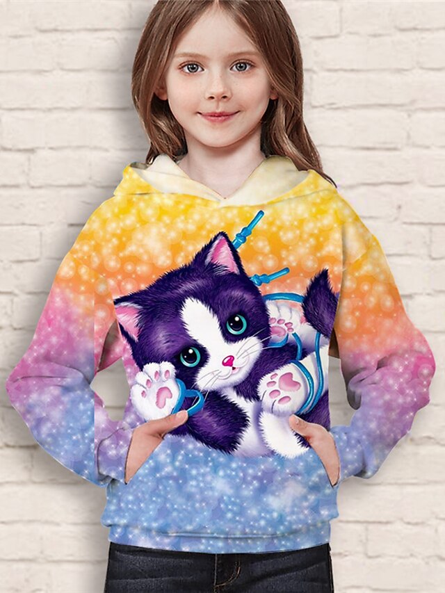 Baby & Kids Girls Clothing | Kids Girls Hoodie Long Sleeve Yellow 3D Print Cat Animal Pocket Daily Indoor Outdoor Active Fashion