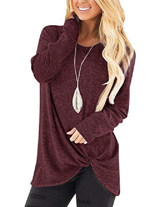 Womens Clothing Womens Tops | womens casual tunic tops long sleeve twist knot t shirts blouses(01-wine, large) - FH49631