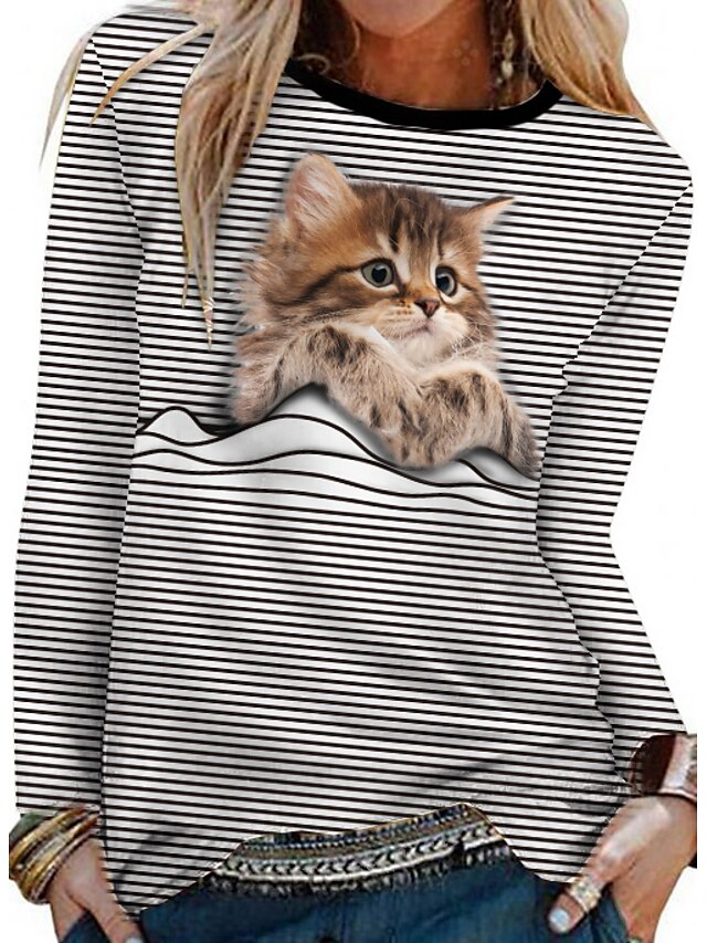 Womens Clothing Womens Tops | Womens Daily Weekend 3D Cat Painting T shirt Tee Striped Cat 3D Long Sleeve Print Round Neck Basic