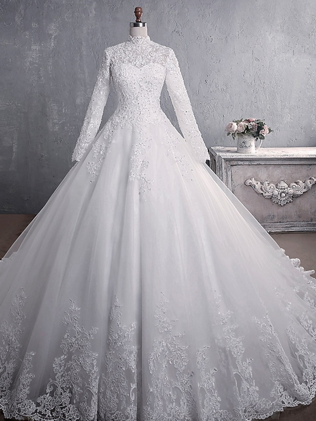  Engagement Formal Wedding Dresses Ball Gown High Neck Long Sleeve Court Train Lace Bridal Gowns With Appliques 2024