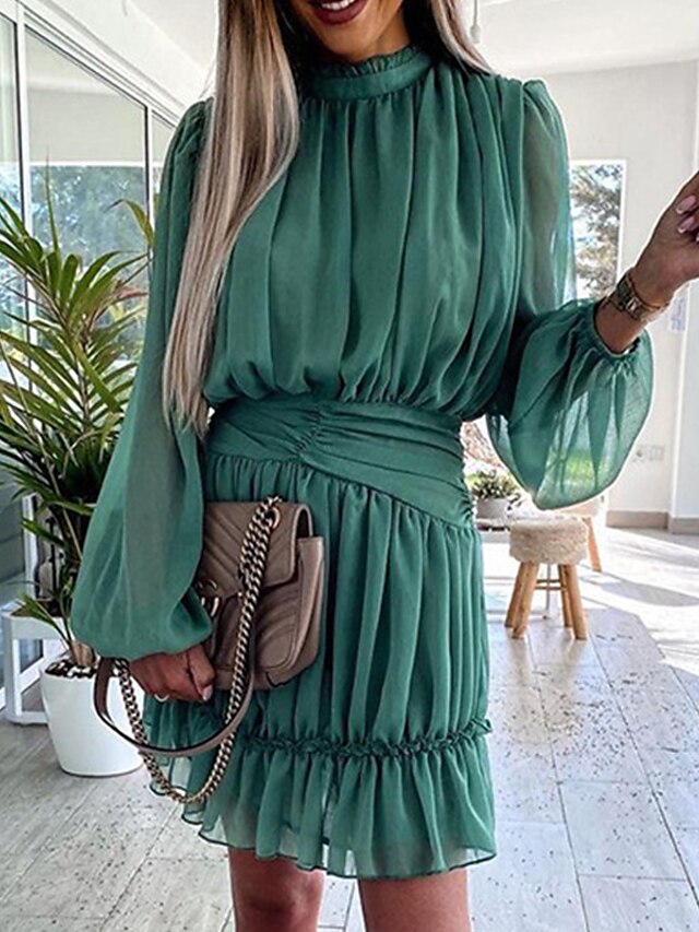 Womens Clothing Womens Dresses | Womens A Line Dress Short Mini Dress Green Pink Long Sleeve Solid Color Layered Ruffle Fall Rou