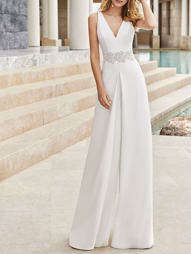 Mono Vestidos de novia Escote en Pico Hasta el Suelo Satén Sin Mangas  Campestre Sencillo Sexy con Encaje 2022 8887973 2022 – $172.79