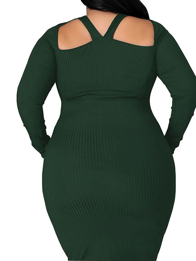 Womens Clothing Plus Size Collection | Womens Plus Size A Line Dress Solid Color V Neck Long Sleeve Fall Winter Casual Knee Leng