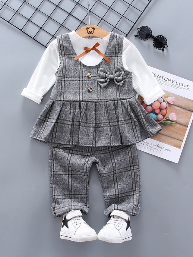 Baby & Kids Girls Clothing | Kids Girls Clothing Set 3 Pieces Long Sleeve Gray Brown Plaid Bow Street School Vacation Active Cas