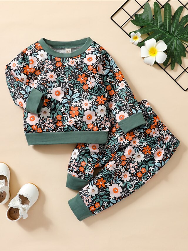 Baby & Kids Girls Clothing | Kids Girls T-shirt & Pants Clothing Set 2 Pieces Long Sleeve Green Light Green Orange Floral Print 