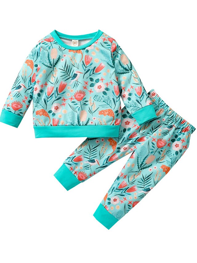 Baby & Kids Girls Clothing | Kids Girls T-shirt & Pants Clothing Set 2 Pieces Long Sleeve Green Light Green Orange Floral Print 