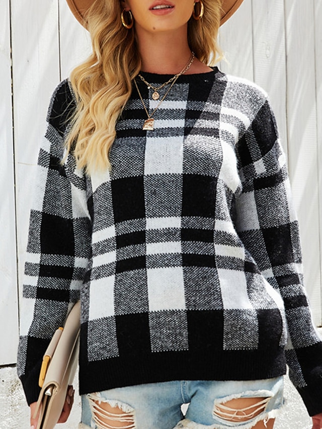 Womens Plaids Round Neck Long Sleeves Fuzzy Sweater 