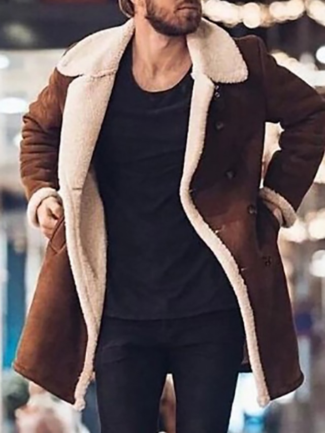  Men's Shearling Coat Winter Jacket Winter Coat Sherpa jacket Thermal Warm Windproof Warm Daily Going out Single Breasted Turndown Streetwear Casual Jacket Outerwear Color Block Patchwork Pocket Black