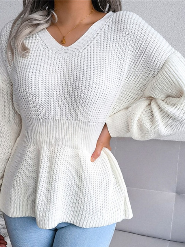  Women's Pullover Sweater Pullover Jumper Jumper Knit Tunic Knitted Solid Color V Neck Stylish Casual Home Daily Drop Shoulder Fall Winter White Gray S M L / Long Sleeve / Regular Fit