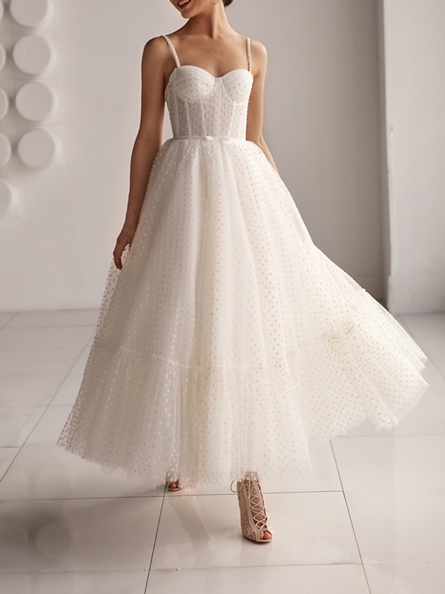  Mottagning Liten vit klänning Bröllopsklänningar A-linje Hjärtformad urringning Camisole Smala axelband Ankellång Tyll Brudklänningar Med Rosett(er) 2024