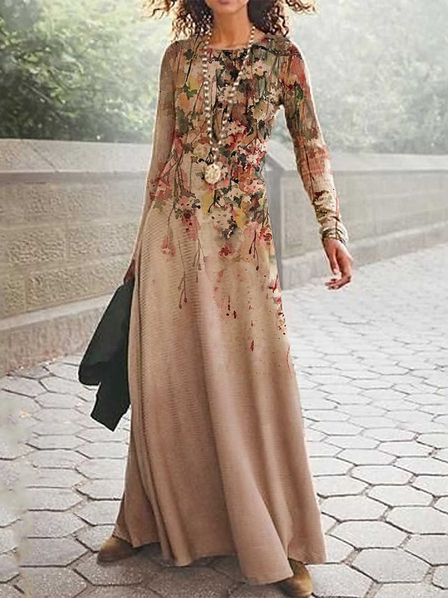 Womens Clothing Womens Dresses | Womens Swing Dress Maxi long Dress Pink Long Sleeve Floral Print Fall Winter Round Neck Elegant