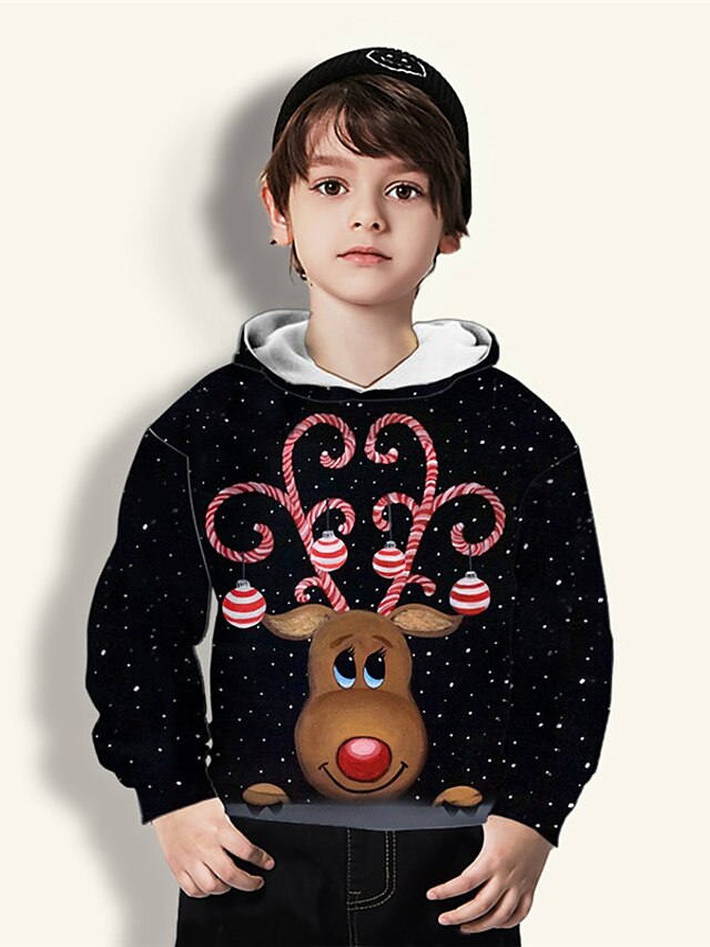 Baby & Kids Boys Clothing | Kids Boys Christmas Hoodie Long Sleeve Black 3D Print Elk Animal Christmas Gifts Daily Indoor Active