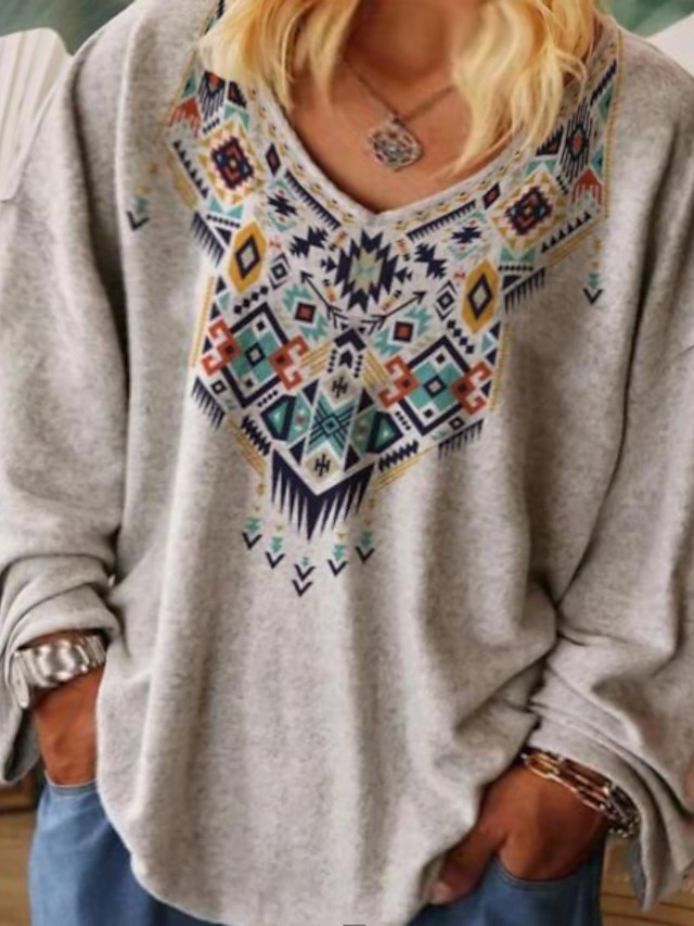  Women's T shirt Tee Tribal Daily Vacation Print Long Sleeve Streetwear Holiday Casual V Neck Fall Winter