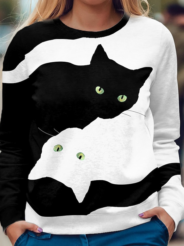  Women's Sweatshirt Pullover Active Streetwear Print Black Animal Cat Casual Round Neck Long Sleeve S M L XL XXL / 3D Print