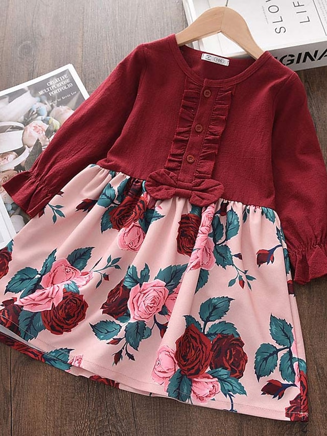  Girls' Long Sleeve Plants Solid Colored Flower 3D Printed Graphic Dresses Cute Above Knee Polyester / Cotton Dress Spring Fall Kids Toddler School Daily Regular Fit Ruffle Patchwork Print