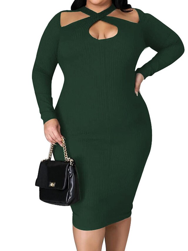 Womens Clothing Plus Size Collection | Womens Plus Size A Line Dress Solid Color V Neck Long Sleeve Fall Winter Casual Knee Leng