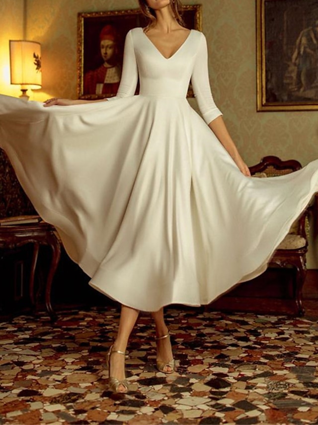  Reception Vintage 1940s / 1950s Little White Dresses Wedding Dresses A-Line V Neck 3/4 Length Sleeve Tea Length Satin Bridal Gowns With Pleats / 2024