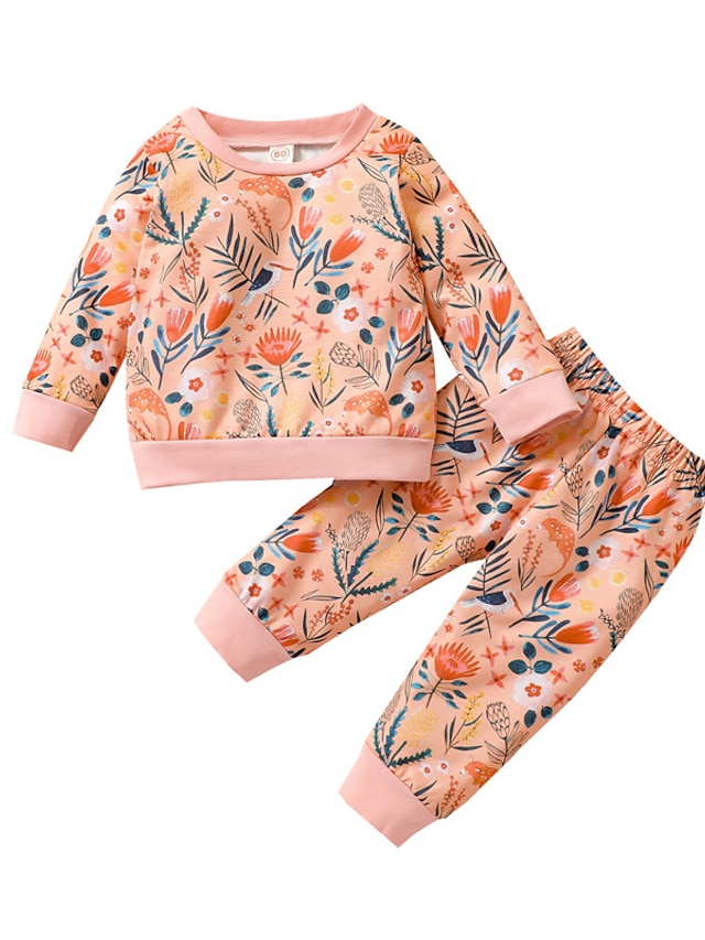 Baby & Kids Girls Clothing | Kids Girls T-shirt & Pants Clothing Set 2 Pieces Long Sleeve Green Light Green Orange Floral Print 