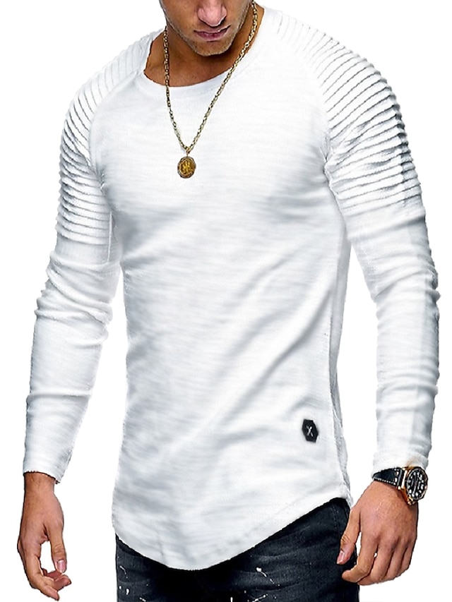 Men's T shirt Tee Long Sleeve Shirt Graphic Plain Slim Pleated Round ...