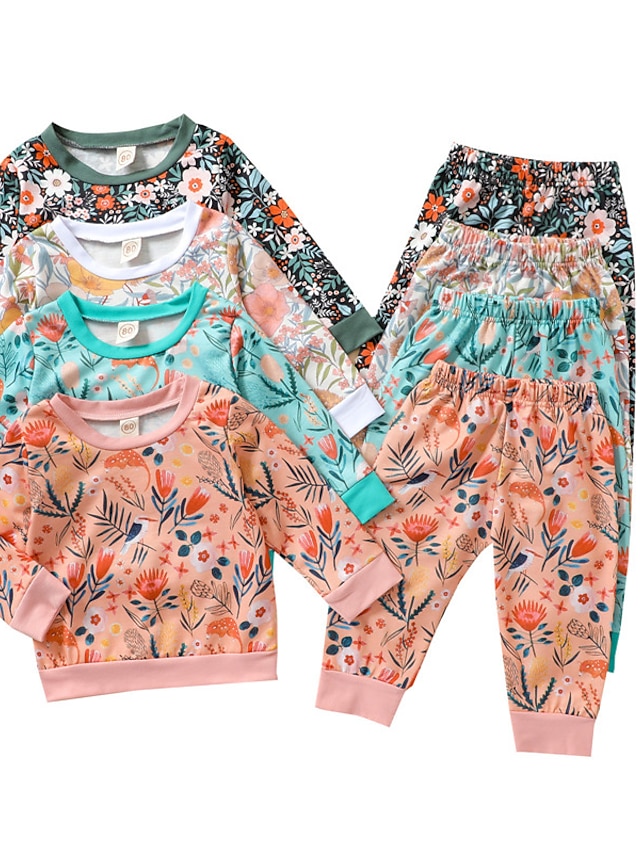 Baby & Kids Girls Clothing | Kids Girls T-shirt & Pants Clothing Set 2 Pieces Long Sleeve Green Light Green Orange Floral Print 