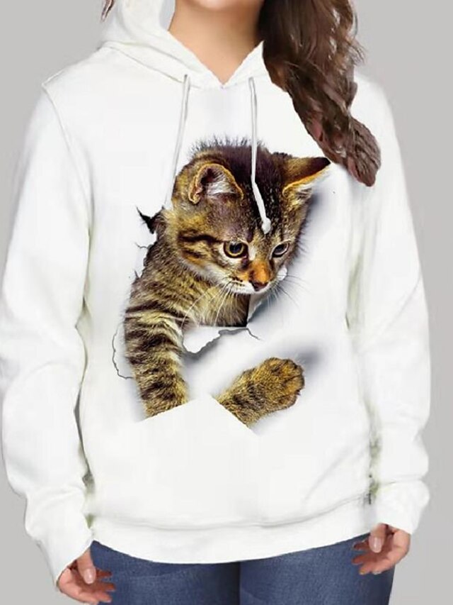 Womens Clothing Plus Size Collection | Womens Plus Size Tops Hoodie Sweatshirt Cat Graphic Print Long Sleeve V Neck Streetwear D